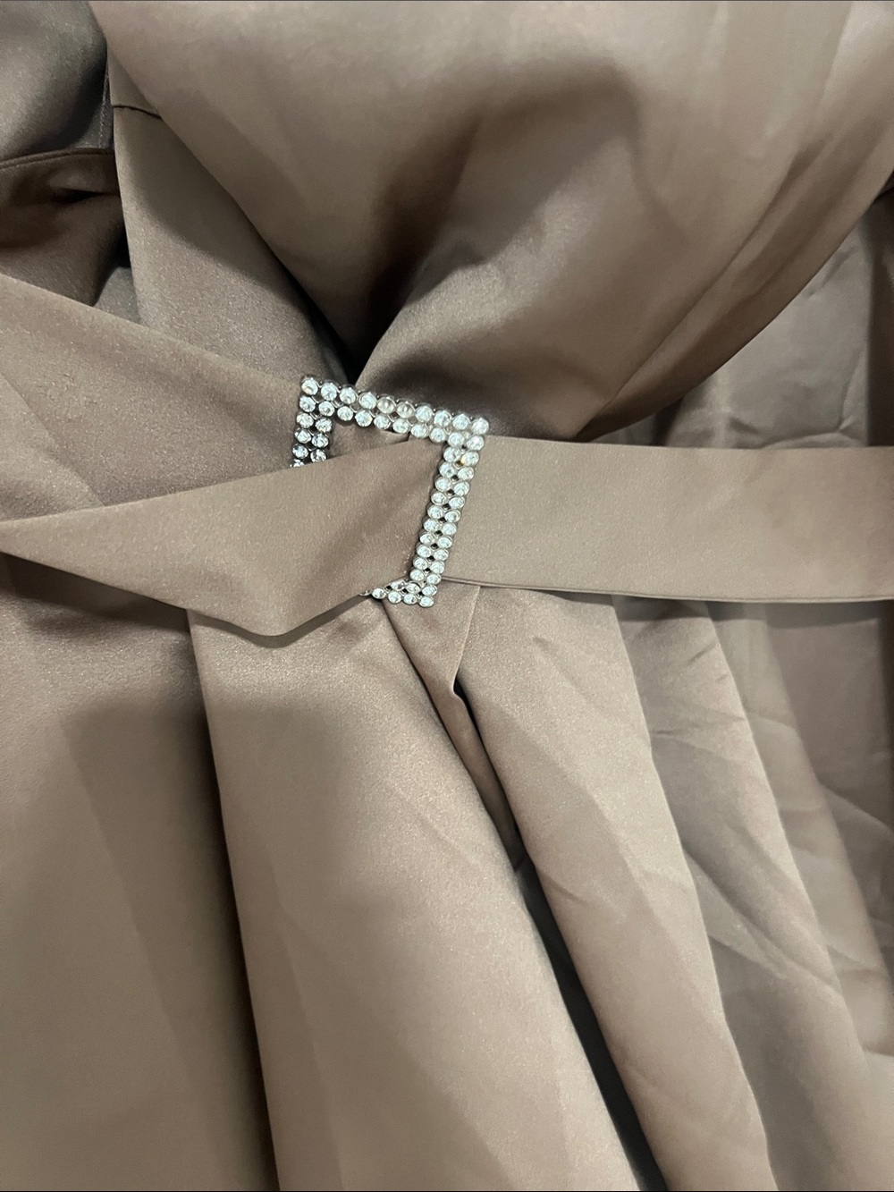 David's Bridal Strapless Brown Satin Gown with Rhinestone Belt - Picture 3 of 5